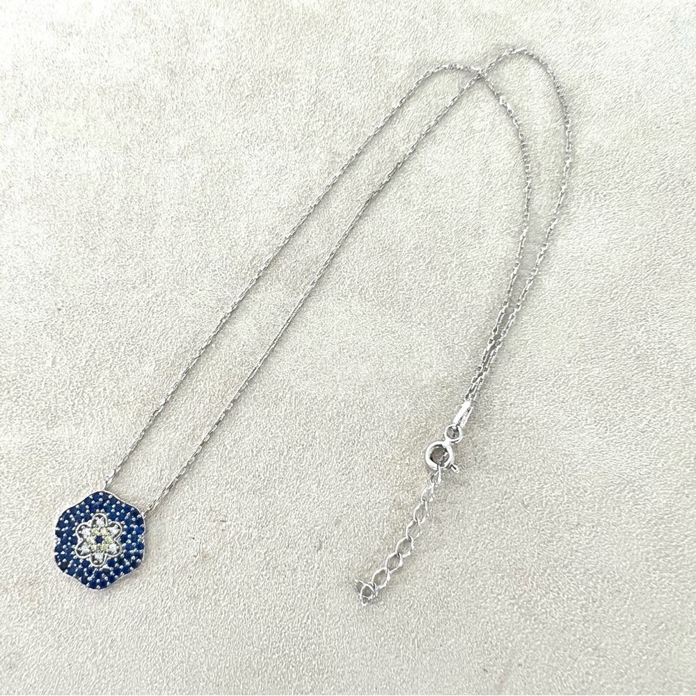 FLOWER Dainty 925 Sterling Silver Blue Clear Rhinestone Adjustable Necklace - Picture 6 of 9